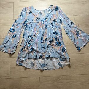 Free People Blue Floral Babydoll V Neck Flowy Boho Long Sleeve Tunic Top XS